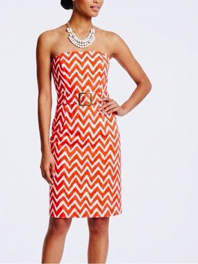 MILLY Strapless Red & White Zigzag Midi Dress w Stretch & Belted Waist